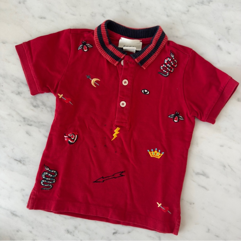 Gucci boys embroidered polo 2Y Red Logo Short Sleeve Cotton Webbed